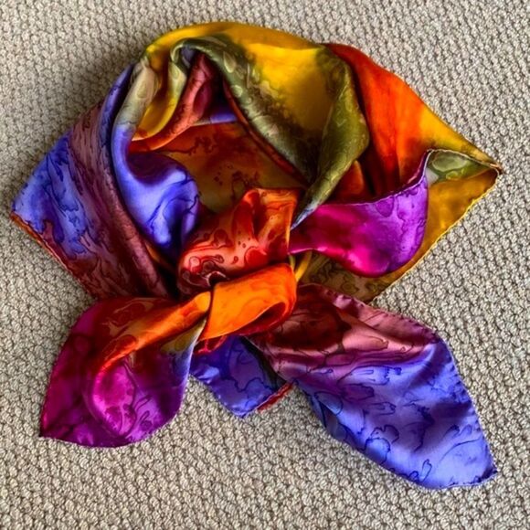 SILK square scarf multicolor watercolor design women’s 38” - Picture 11 of 11